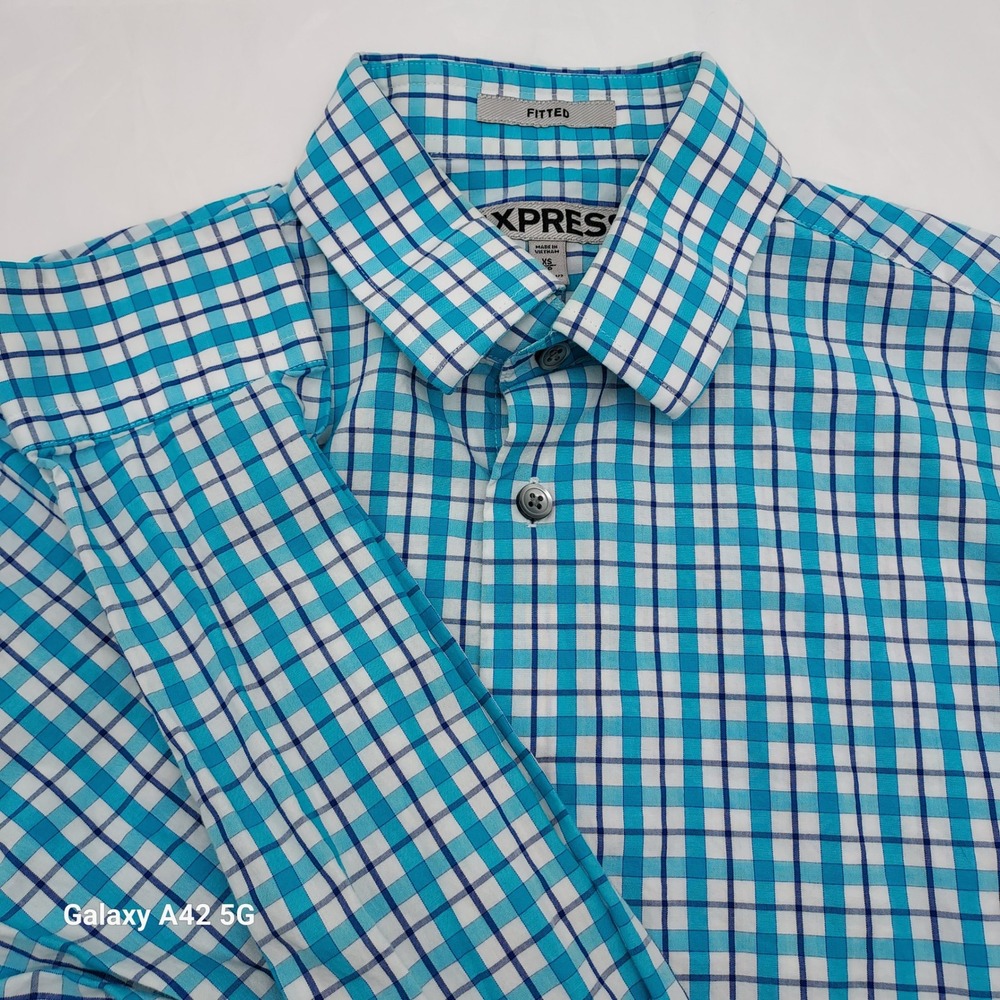 Express Mens Fitted Plaid Button Down Shirt Teal Blue XS 13-13.5 Long Sleeve